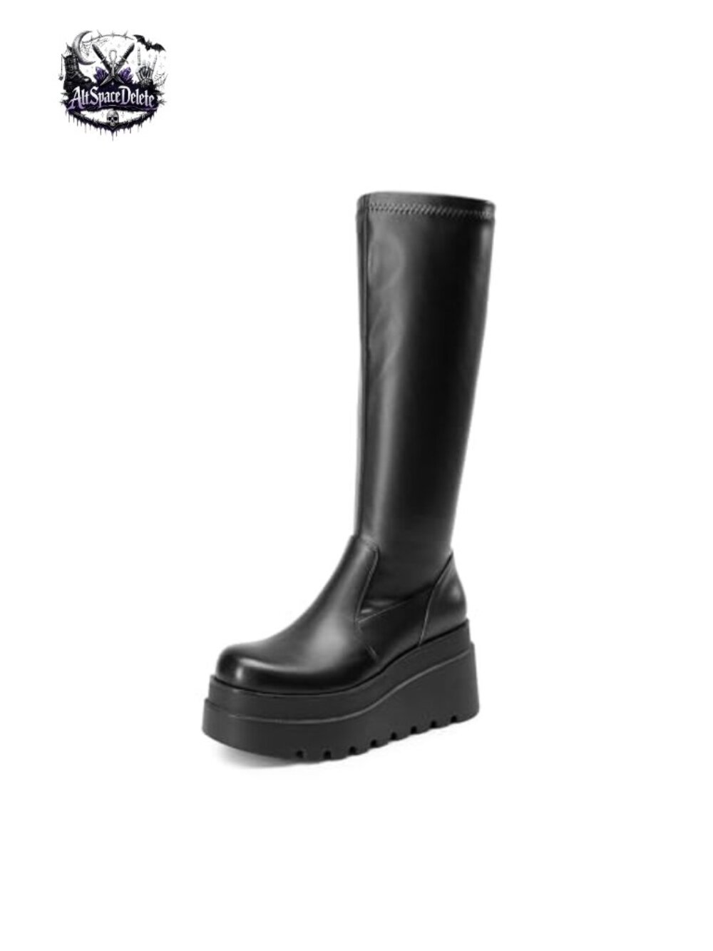 Platform Knee High Round Toe Boots Faux Leather Side Zip